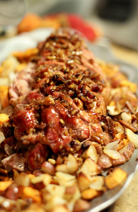 HEAVENLY PECAN PORK OVER SWEET POTATO HASH